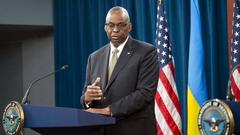 Defense Secretary Lloyd Austin speaks during a press briefing on...
