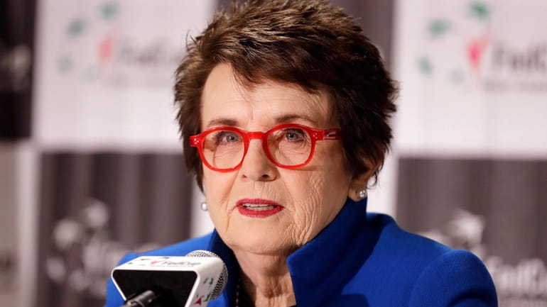 Billie Jean King speaks to the media before the first-round...