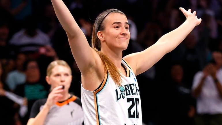 Liberty guard Sabrina Ionescu reacts as time runs out in...