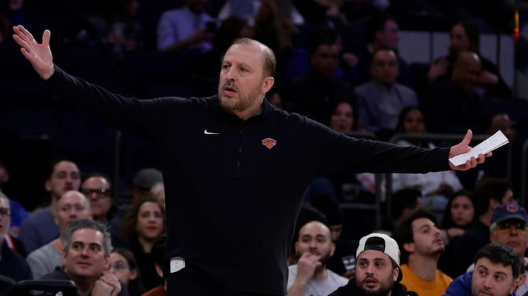 Tom Thibodeau of the Knicks reacts in the second half against...