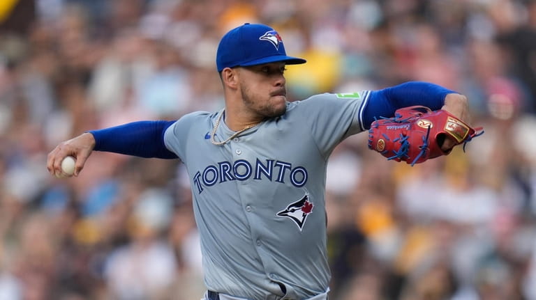 Toronto Blue Jays starting pitcher Jose Berrios works against a...