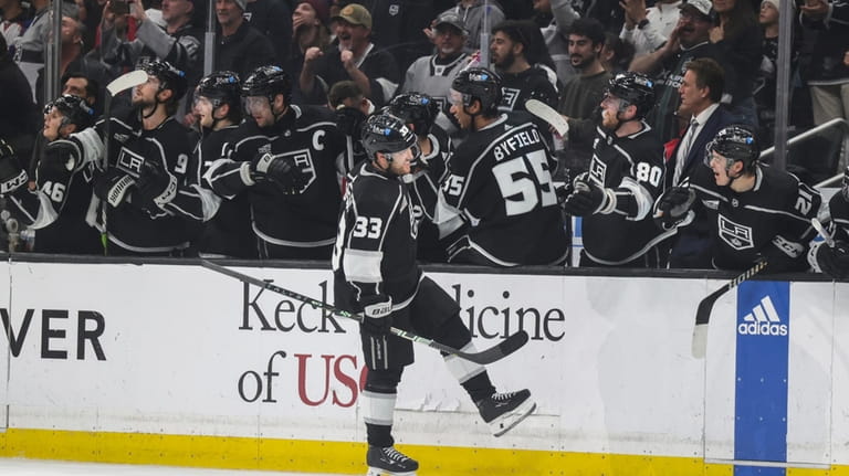 Los Angeles Kings right wing Viktor Arvidsson (33) celebrates after...