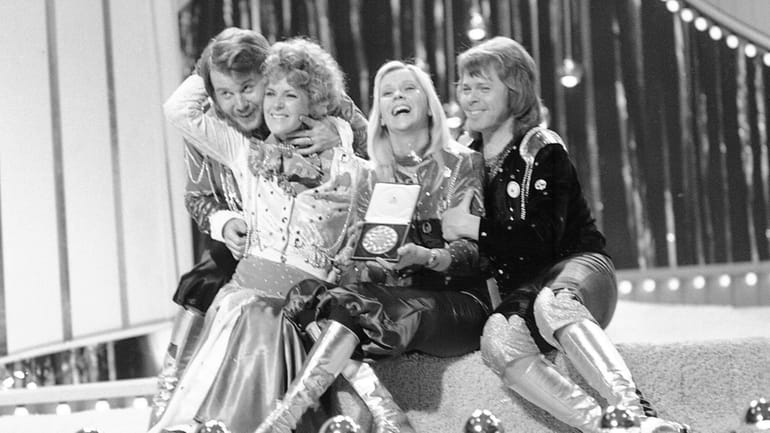 Swedish pop group ABBA celebrate winning the 1974 Eurovision Song...