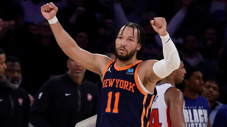 Jalen Brunson of the Knicks reacts after defeating the Pistons at...