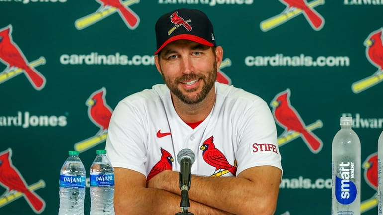 St. Louis Cardinals' Adam Wainwright speaks to the media after...
