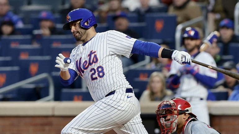J.D. Martinez #28 of the Mets bats during the second inning...