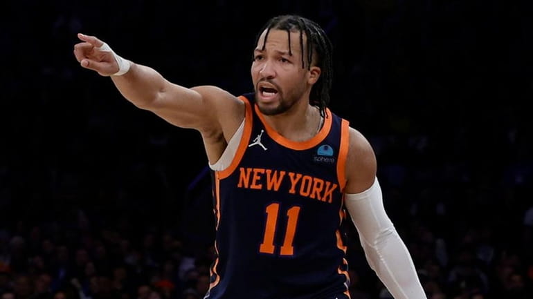 Jalen Brunson of the Knicks controls the ball in the second half...