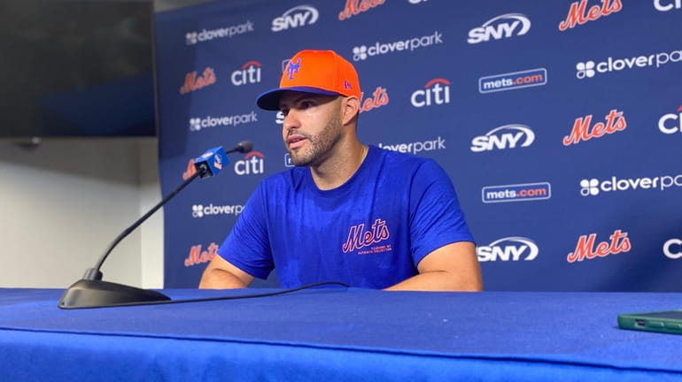 J.D. Martinez at news conference during Mets spring training.