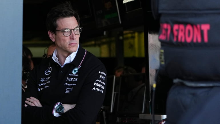 Mercedes team boss Toto Wolff watches the first practice session...