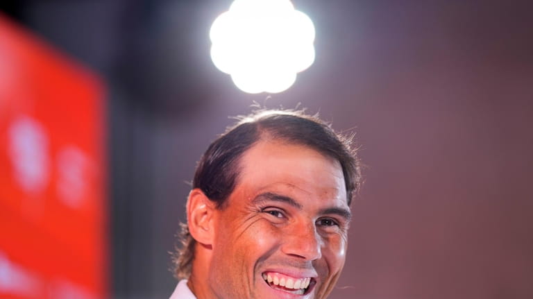 Spanish tennis player Rafael Nadal gives a press conference at...
