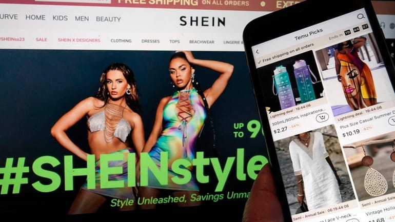 Pages from the Shein website, left, and from the Temu...