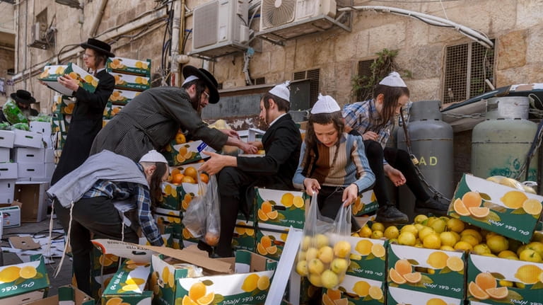 Ultra-Orthodox Jews collect food distributed to large families for free,...