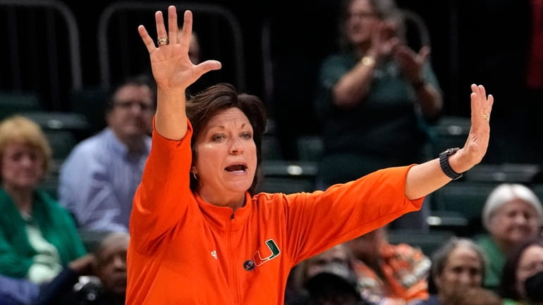 Miami head coach Katie Meier reacts during the second half...