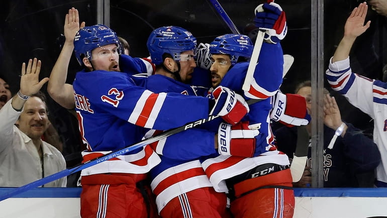 Vincent Trocheck of the New York Rangers celebrates his first-period...