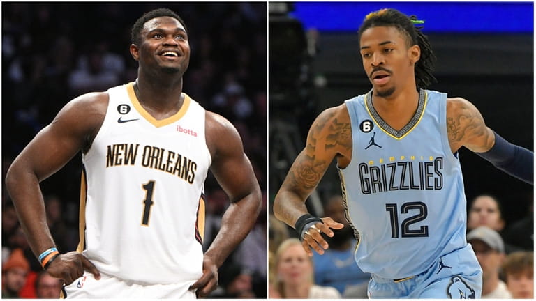 The New Orleans Pelicans' Zion Williamson, left, and the Memphis...