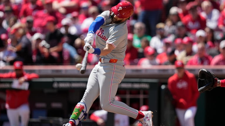 Philadelphia Phillies' Bryce Harper hits a two-run home in the...
