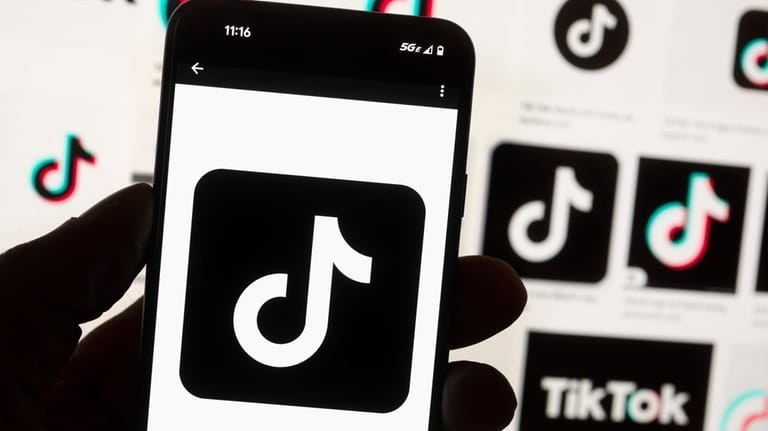 The TikTok logo is displayed on a mobile phone in...