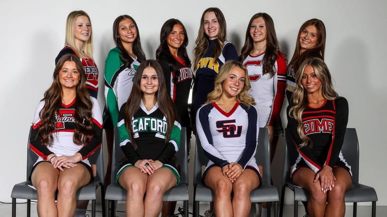 Newsday's 2023 All-Long Island cheerleading team. Front row, from left: Sara...