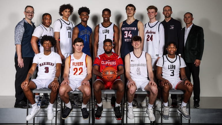 Newsday's All-Long Island boys basketball team 2023. Front row, from...