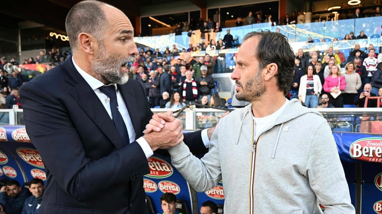 Lazio coach Igor Tudor, left, and Genoa coach Alberto Gilardino...