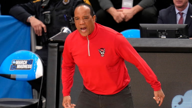 North Carolina State coach Kevin Keatts yells instructions during the...