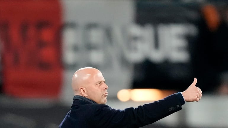 FILE- Feyenoord's head coach Arne Slot reacts to his players...
