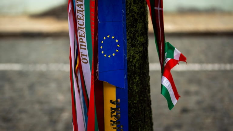 Ribbons with the colors of the European Union and Ukraine...