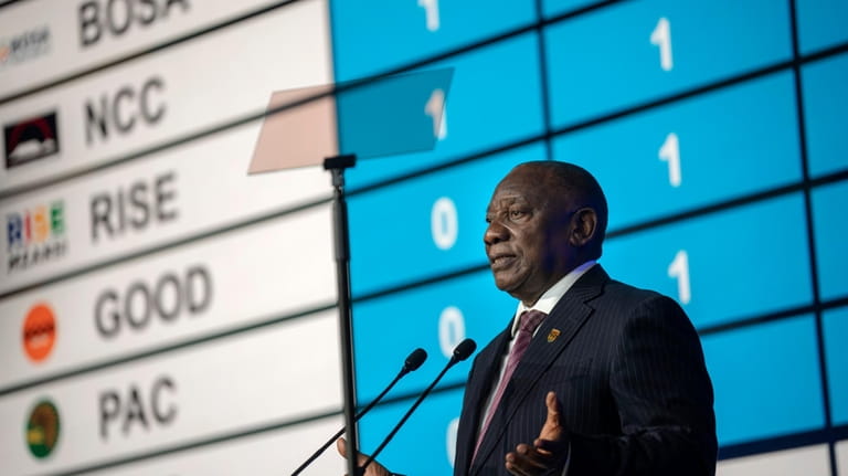 South African President Cyril Ramaphosa speaks during the announcement of...