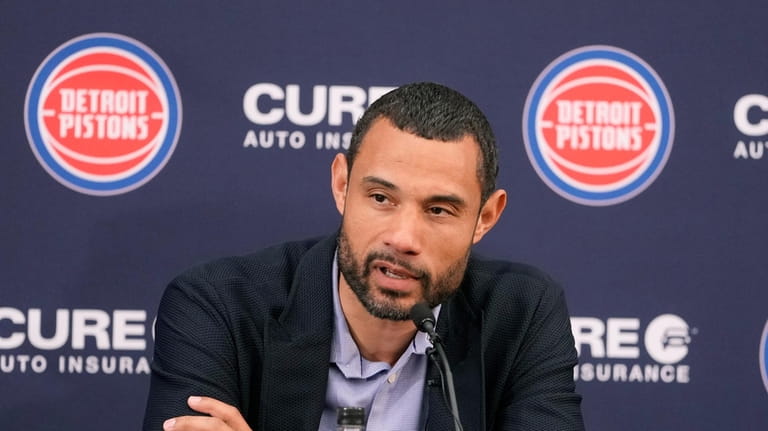 Detroit Pistons President of Basketball Operations Trajan Langdon addresses the...