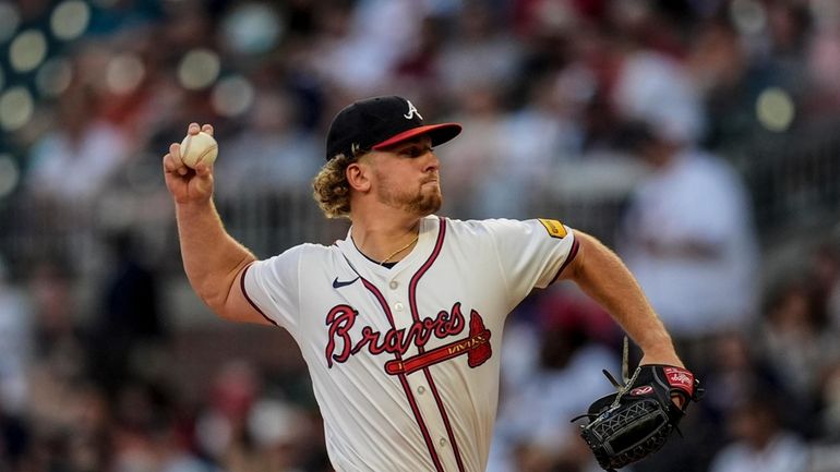 Atlanta Braves pitcher Spencer Schwellenbach (56) deloivers against the Philadelphia...