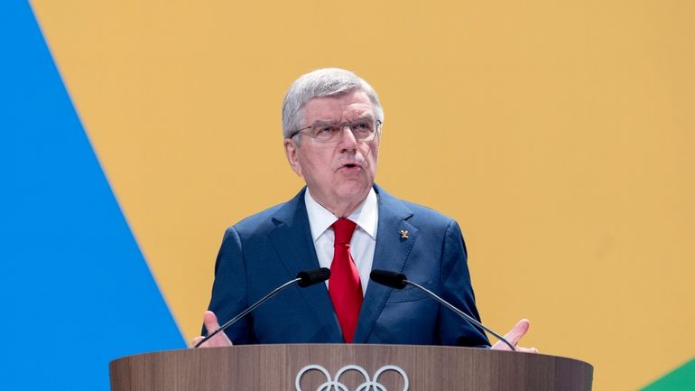 IOC President Thomas Bach speaks during the start of the...