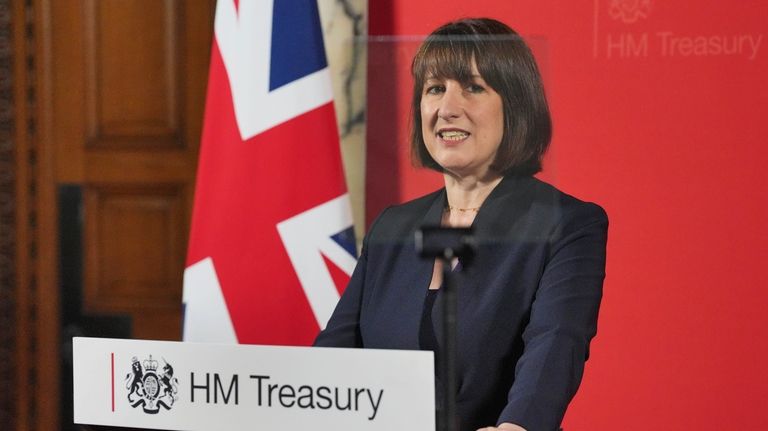 Britain's Chancellor Rachel Reeves delivers a speech at the Treasury...