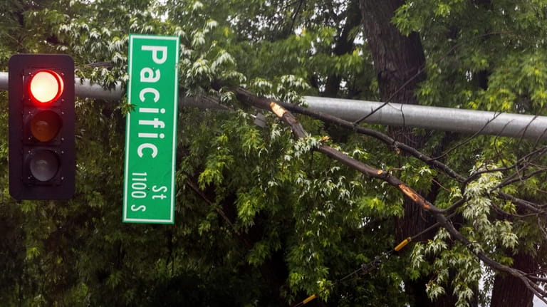An early-morning storm knock tree branches onto the Pacific Street...