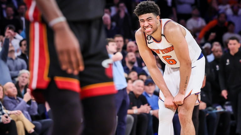Knicks’ Quentin Grimes in pain while playing the Miami Heat...