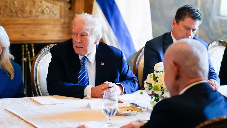 Republican presidential candidate former President Donald Trump meets with Israeli...