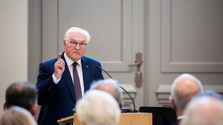 German President Frank-Walter Steinmeier, patron of the reconstruction project, speaks...