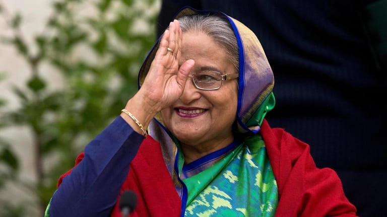 Bangladeshi Prime Minister Sheikh Hasina greets the gathering during an...