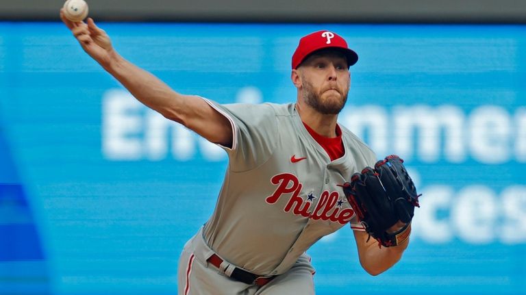 Philadelphia Phillies starting pitcher Zack Wheeler throws to the Minnesota...