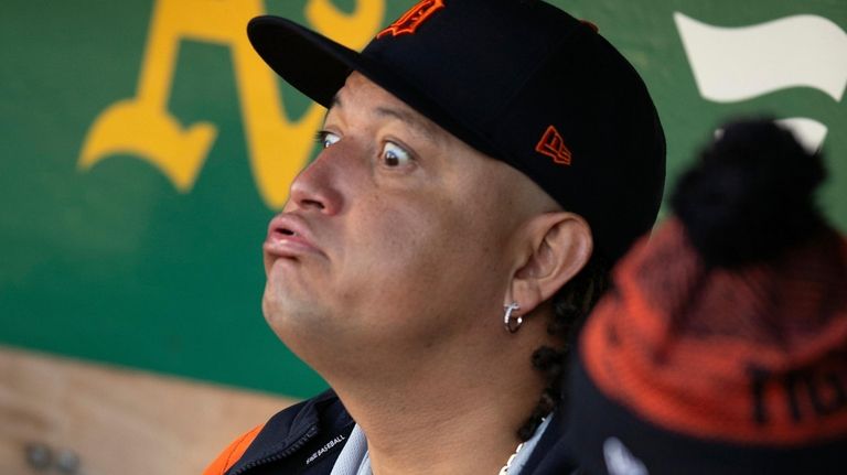 Detroit Tigers designated hitter Miguel Cabrera (24) makes a face...