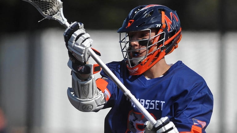 Louis Perfetto of Manhasset takes a pass behind the net during...