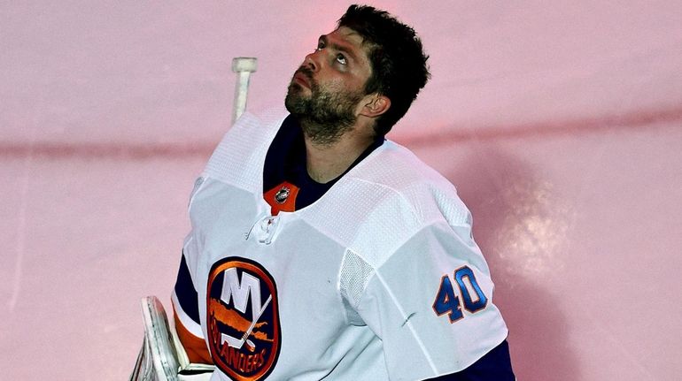 Islanders goalie Semyon Varlamov prior to Game One of the...