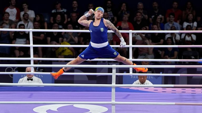 Brazil's Beatriz Soares celebrates after defeating United States' Jajaira Gonzalez...