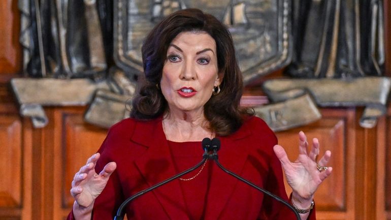 Gov. Kathy Hochul speaks at the state Capitol in Albany...