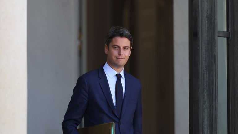 French Prime Minister Gabriel Attal leaves the weekly cabinet meeting,...