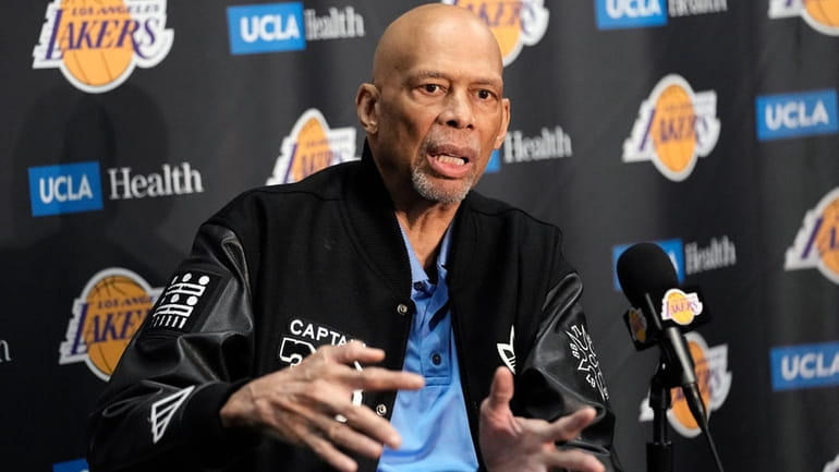 Kareem Abdul-Jabbar speaks during a news conference prior to an...