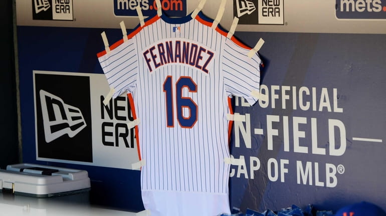 A jersey remembering Jose Fernandez, pitcher for the Miami Marlins,...