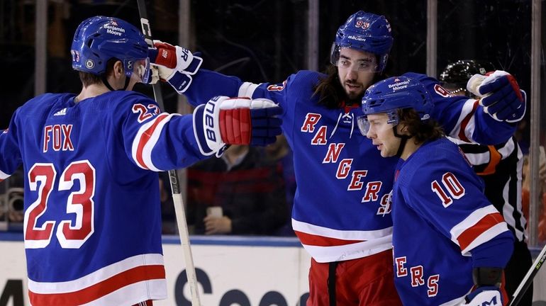 Mika Zibanejad of the Rangers celebrates his third period goal against the...