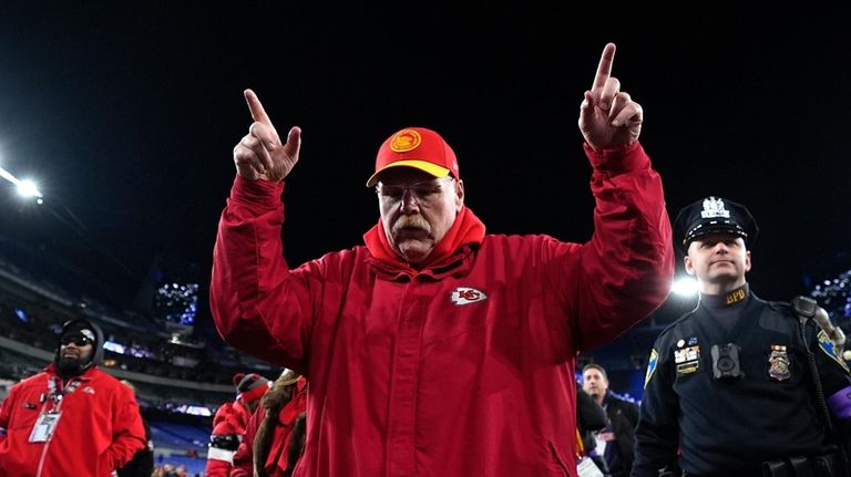 Kansas City Chiefs head coach Andy Reid gestures as he...