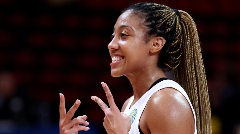 Arella Guirantes of Puerto Rico celebrates victory during the FIBA...