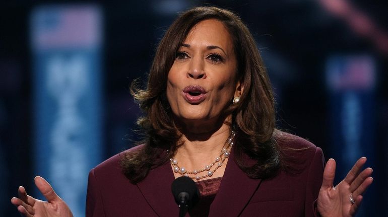 Democratic vice presidential nominee Sen. Kamala Harris of California speaks...